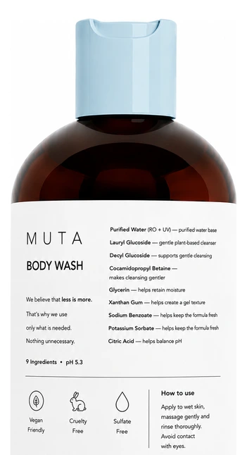 MUTA Body Wash, ingredient label close-up
