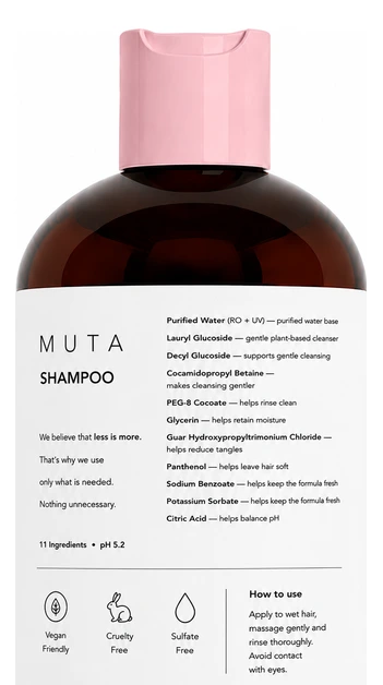 MUTA Shampoo, ingredient label close-up
